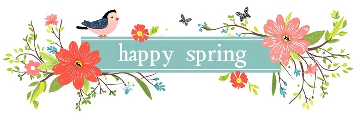 Wall Mural - Happy Spring lettering decorated with flowers, design element