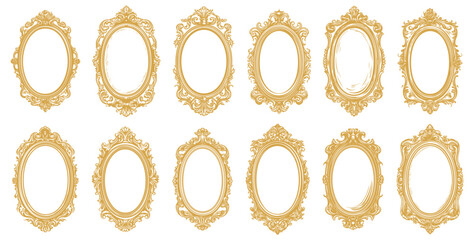 Wall Mural - wooden ornate oval frames. royal carving ornament golden borders, decorative wood carved gold museum