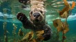 A close-up of a playful sea otter floating on its back, surrounded by kelp, with a content expression on its face -Generative Ai