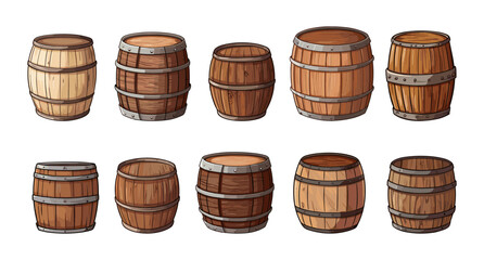 Wall Mural - Cartoon barrels sketch set. Barrel for beer or wine, isolated on white background. Winery or brewery equipment, vintage vector collection