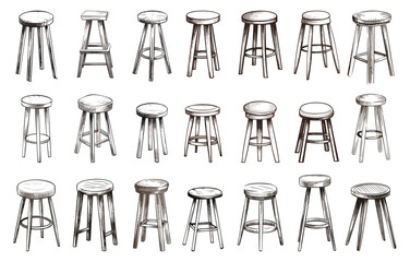 Wall Mural - kitchen stools sketch design. isolated stool, dining room furniture hand drawn elements for interior