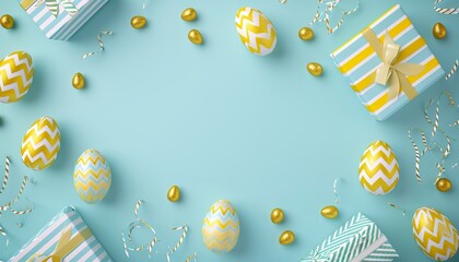 Wall Mural - light blue easter background with gift boxes and gold eggs in flat lay style, top view