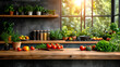 © KatrinaEra - Hanging kitchen with fresh vegetables on wood tabletop.Green plant on kitchen background generated AI