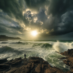 Wall Mural - woman standing on coast of storm sea