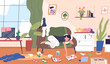 Lazy woman room. Apathetic sad girl relax lying on couch untidy apartment home disorder with dirty socks or trash, indifference women depression concept classy vector illustration