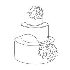 Wall Mural - Hand drawn layer cake with rose flowers vector. One line continuous drawing. Linear dessert icon. Minimal design, print, banner, cafe card, bakery brochure, logo, sign, wedding symbol, menu.