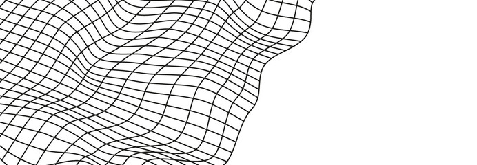 Illustration of a black fishing or football net.Checkered wavy background in doodle style.