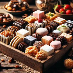 Chocolate bonbons, sweets, cakes arranged in boxes