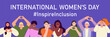© ugguggu - Inspire inclusion banner for International Women's day. IWD 2024 campaign with diverse happy women making heart gesture and hashtag on purple background. Flat modern vector illustration