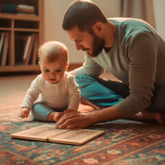 Dad reading a book to his little son, love and friendship, caring father, portrait, close-up