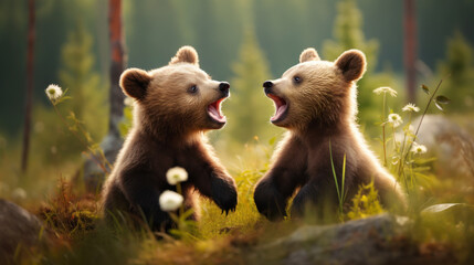 Wall Mural - two cute brown bear cubs playing in the forest