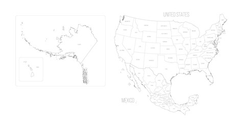 Sticker - Political map of United States and Mexico with administrative divisions. Thin black outline map with countries and states name labels. Vector illustration