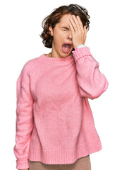 Canvas Print - Young hispanic woman wearing casual clothes yawning tired covering half face, eye and mouth with hand. face hurts in pain.