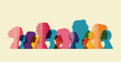 Different people stand side by side together. Group colored silhouette people from the side Men and women portraits. Community of colleagues or collaborators, inclusive education, diversity co-workers