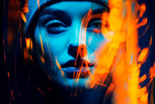 Woman's Portrait With Dramatic Blue Light And Fire Effect Generative AI Image