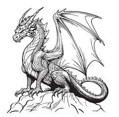 Poster - Hand Drawn Engraving Pen and Ink Dragon sitting