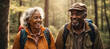 AI generated illustration of a happy black elderly couple hiking in a sunny forest