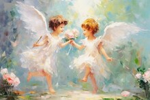 Two Angels With Wings, Dancing Amidst Blooming Flowers. Illustration In The Style Of Oil Painting. Ideal For Childrens Books Or Fantasy Artwork, Illustrating Magical Realism.