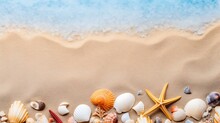 Generative AI : Golden Sand And Marine Decorations. Seashell, Starfish And Sea Stone.