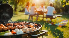 A Photo Of A Family And Friends Having A Picnic Barbeque Grill In The Garden. Having Fun Eating And Enjoying Time. Sunny Day In The Summer. Blur Background