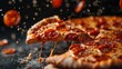 © Vasiliy - A flying slice of pepperoni pizza with stretching cheese on a black background.
