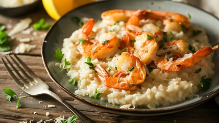 Wall Mural - Generative AI : Creamy risotto with shrimps fried prawns