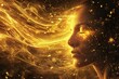 Woman face filled with love, light transforming her mind. Stars, golden particules connecting her to cosmos. Pure joy, being in a perfect moment. Summit of mystical experience. Energy, ecstasy, magic.