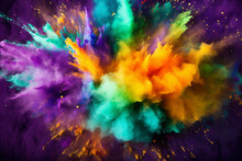 Colored Powder Explosion. Colorful Purple, Green, Gold Colors Dust Background. Holi Paint Powder Splash In Colors Of Mardi Gras Carnival