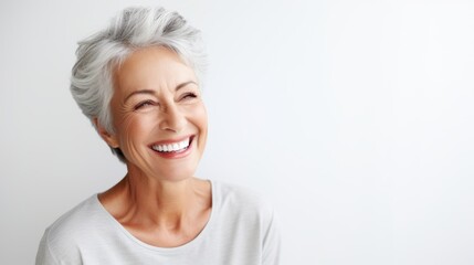 Wall Mural - Generative AI image of a cute old white american senior woman model with perfect clean teeth laughing and smiling