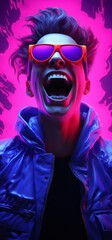 Wall Mural - Generative AI image of a purple avatar is wearing purple glasses screams