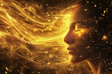 Wall Mural - Woman face filled with love, light transforming her mind. Stars, golden particules connecting her to cosmos. Pure joy, being in a perfect moment. Summit of mystical experience. Energy, ecstasy, magic.