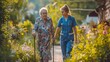senior woman walking with nurse or assistant in garden