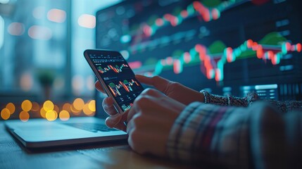 trader hand with mobile phone and computer screens with trading candlestick charts