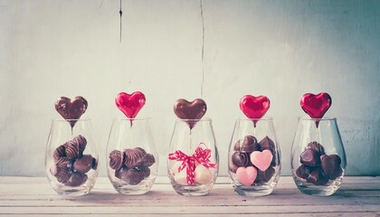 Canvas Print - valentine s day concept with heart shape chocolate in glass vases retro filter effect