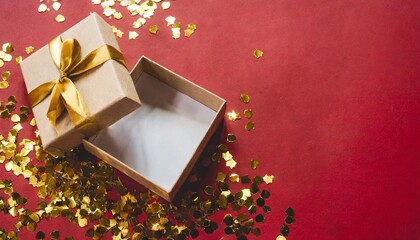 Canvas Print - opened gift box with golden confetti abstract luxury red background