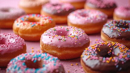 assorted donuts with chocolate frosted, pink glazed and sprinkles donuts