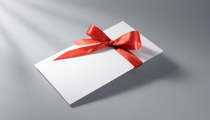 Wall Mural - blank white gift voucher with red ribbon bow or empty gift signboard on grey background with shadow minimal conceptual