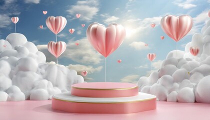 Poster - pink podium with hearts and clouds flying in ther valentine s day mother s day wedding podium for product cosmetic presentation mock up pedestal or platform for beauty products 3d render