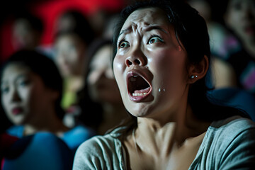 Asian woman in cinema terrified reaction