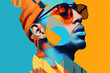 © ADDICTIVE STOCK - Generative AI image of a Black man overlaid with colorful geometric shapes, wearing an orange beanie and sunglasses looking away, conveying an urban music theme