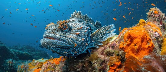 Poster - Image of stonefish in blue waters of San Cabo de Lucas, Baja California, Mexico. Scuba diving and snorkeling for marine life and animal photography.