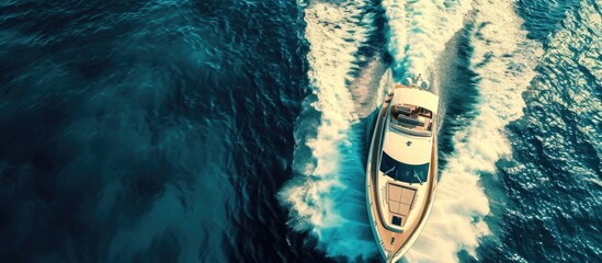 Poster - Stunning aerial view of yacht sailing at windy day, enhanced colors.