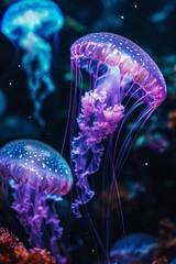 Generative AI image of discoball jellyfish, neon luminous lighting, violet and cyan, on dark background