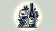 3D icon featuring a red wine bottle, a wine glass, and a bunch of red grapes