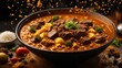 Beef curry with pasta, sauce, rice and vegetables, ,menu concept.
