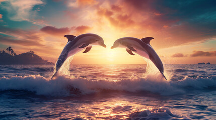 Dolphins Leaping at Sunset near Tropical Island