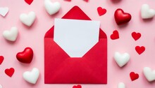 Red Paper Envelope With Blank White Note Mockup Inside And Valentines Hearts On Pink Background Flat Lay Top View Romantic Love Letter For Valentine S Day Concept