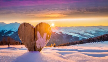 Wall Mural - wooden handmade heart in winter nature wit colorful pleasure colors of sunset light valentine love wallpaper with space for your montage