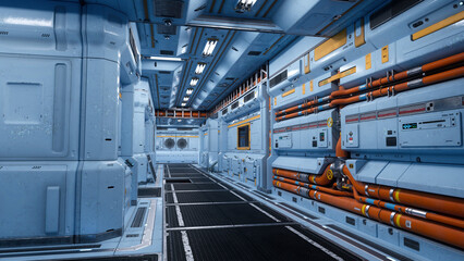 Wall Mural - futuristic space station interior corridor. sci-fi environment concept 3d illustration.