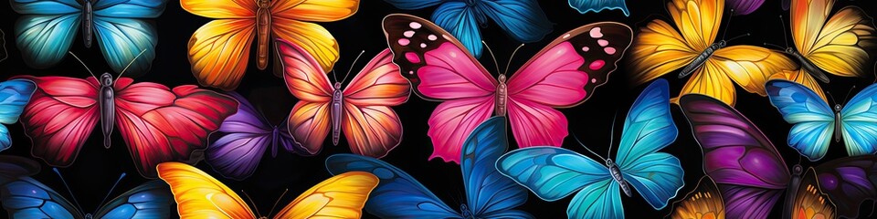 Wall Mural - Vibrant Butterfly Collection on Black Background Panorama